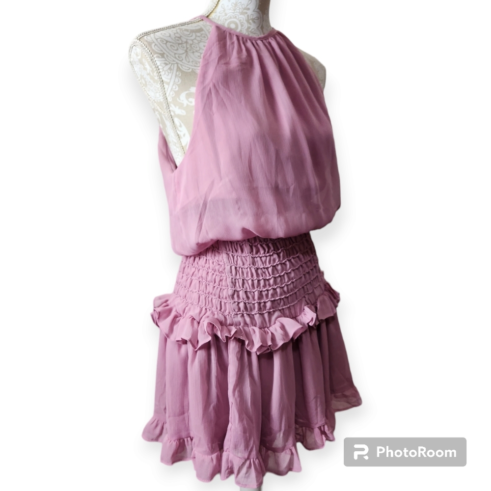 DO+BE Bright Mauve Halter Mini Dress with Smocked Ruffle Detail